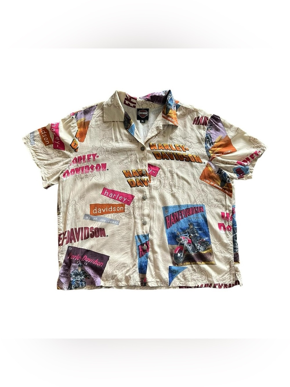 Harley-Davidson Women Short Sleeve Button Up Hawaiian Style Logo Shirt Size XL